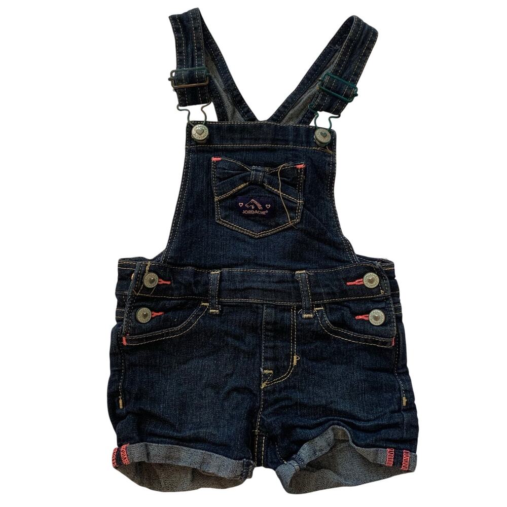 Jordache Kids Girls 2T Blue Jean Denim Bib Overalls Shortalls Hot Pink Stitching